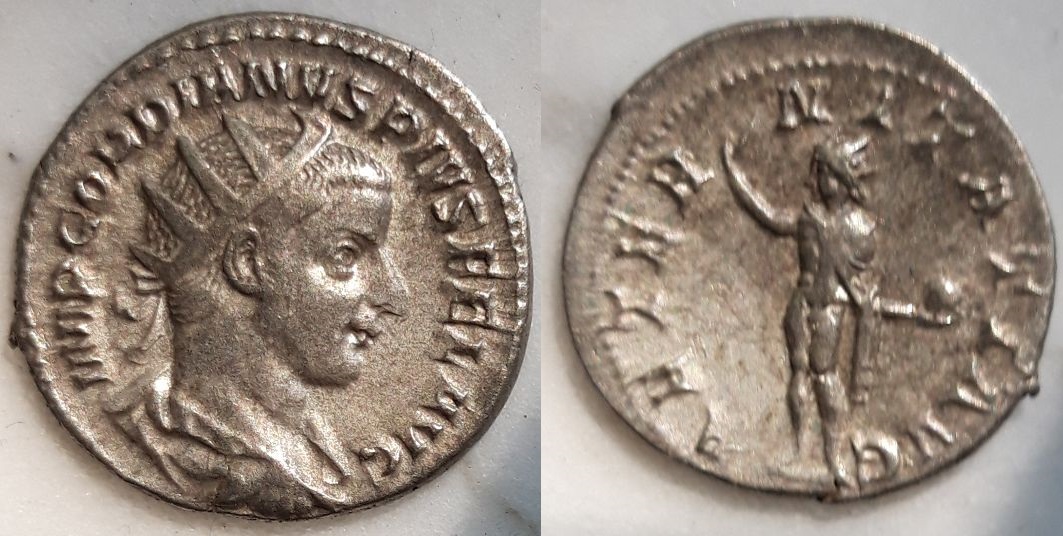 Antoniniano y Denario de Gordiano III. AETERNITATI AVG. Sol estante a izq. Roma G31