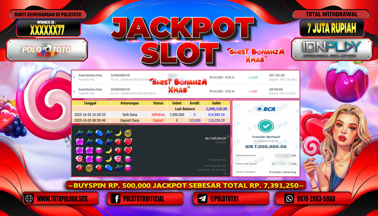 POLOTOTO JACKPOT SLOT SWEET BONANZA XMAS Rp.7.000.000,- LUNAS