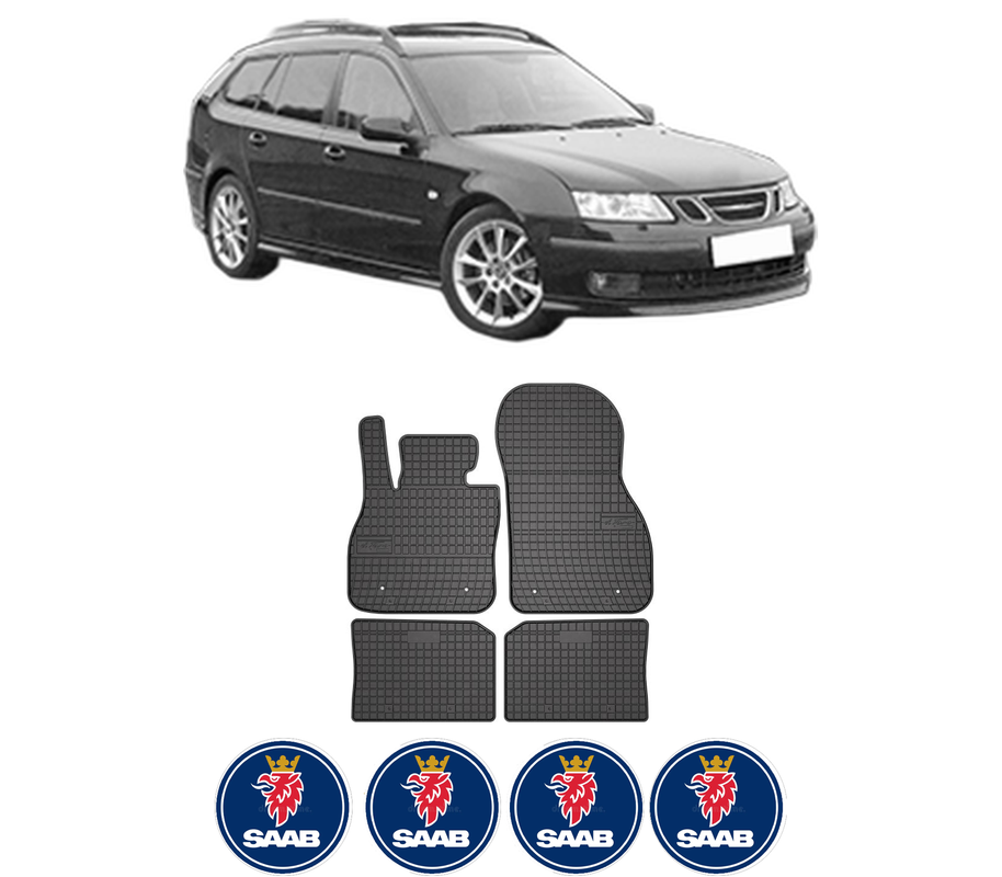 Set covorase presuri SAAB 9-3 Estate (E50) din 2005-2015, auto, din cauciuc thermoplastic, 4 Stickere auto cu SAAB