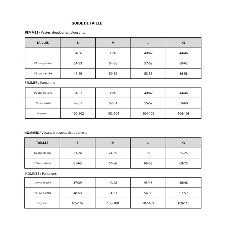 guide tailles adultes
