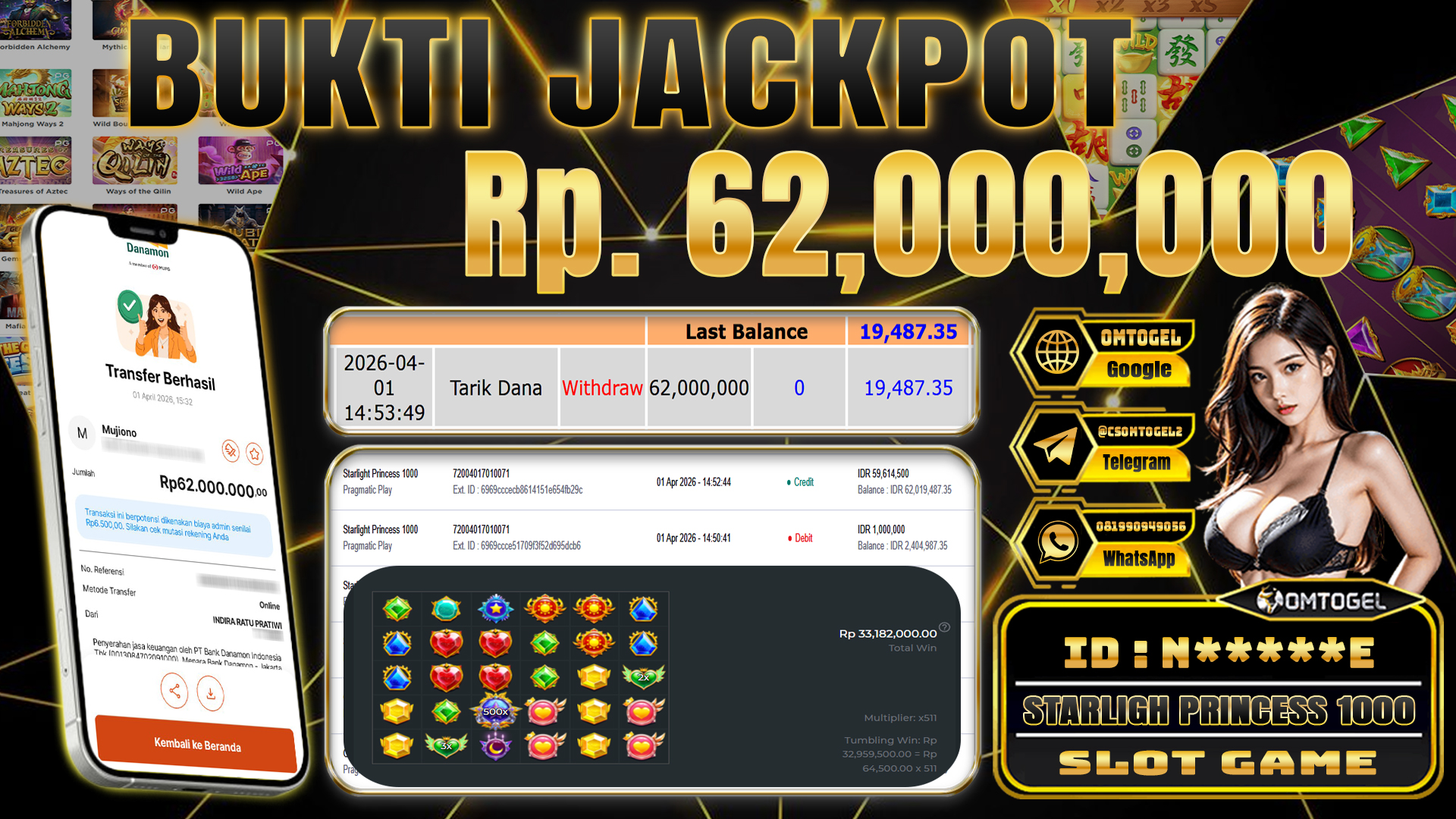 OMTOGEL JACKPOT PRAGMATIC PLAY STARLIGH PRINCESS 1000, 62 JUTA DI BAYAR LUNAS ,-