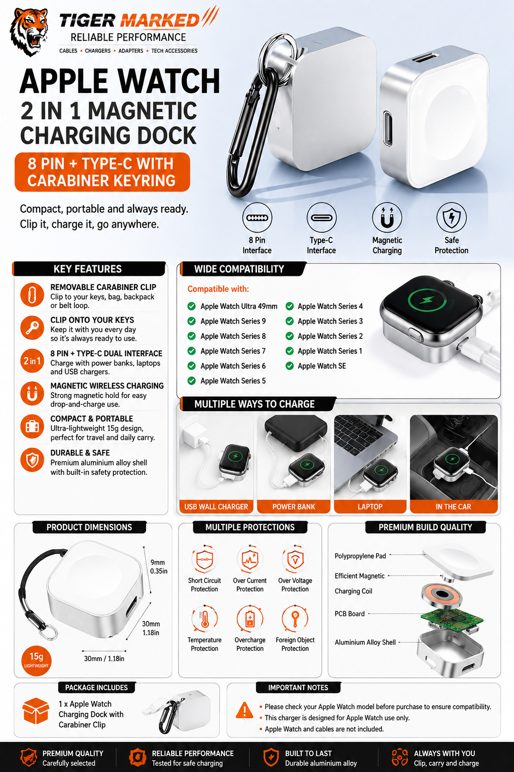 Apple Watch 2 in 1 magnetic charging dock with 8 Pin, Type-C and carabiner keyring