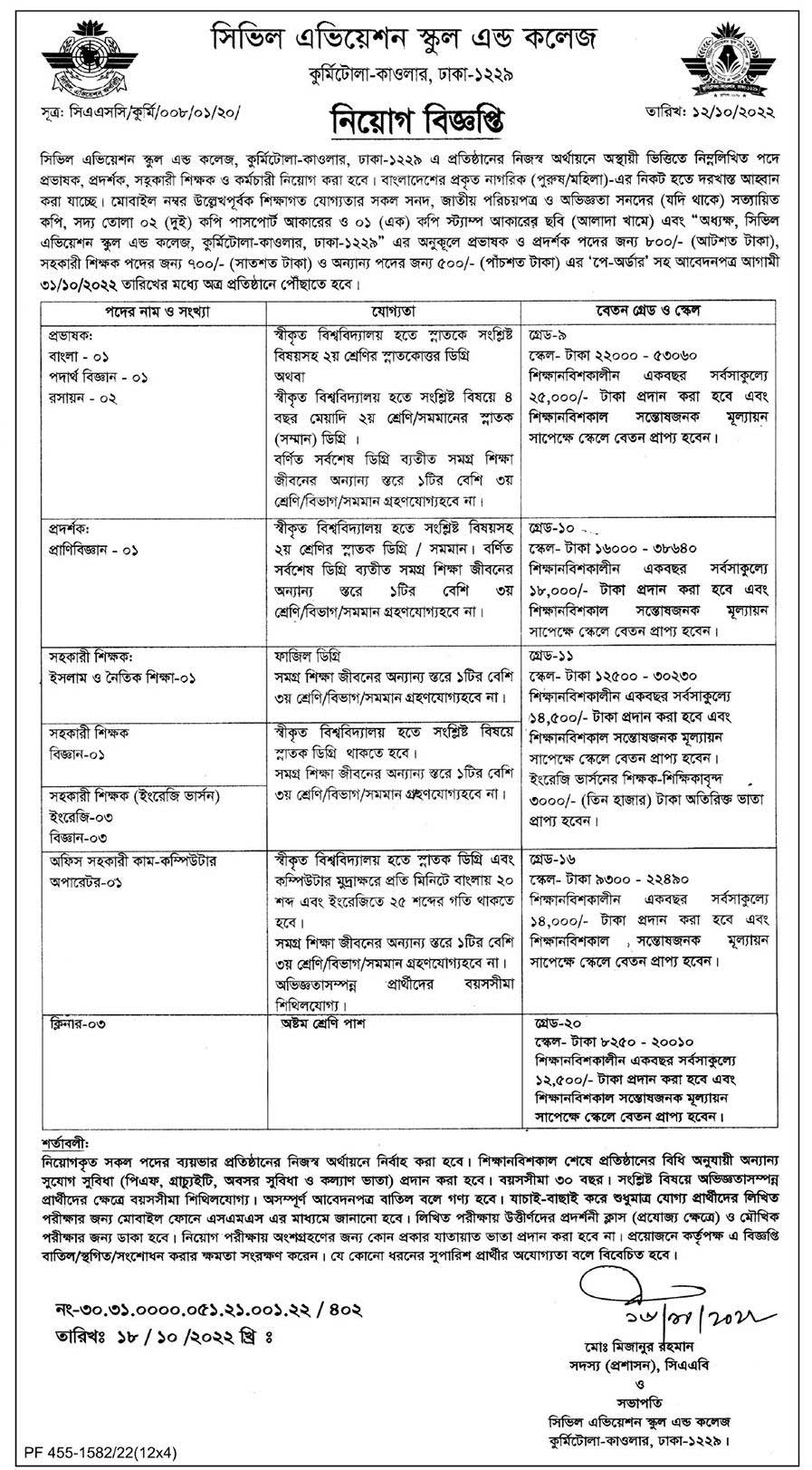 Civil Aviation School and College Job Circular 2022