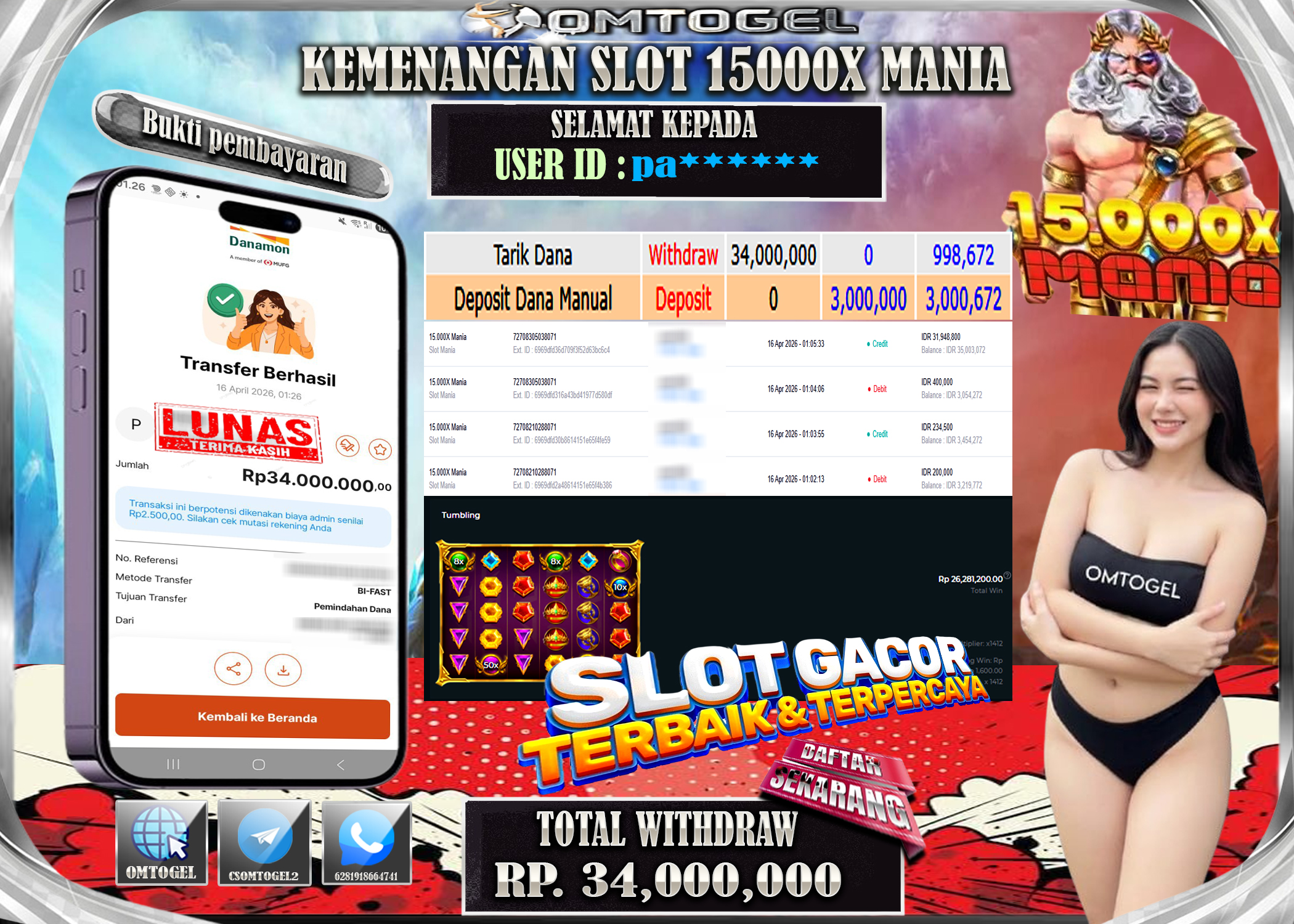 OMTOGEL JACKPOT PRAGMATIC PLAY 15,000X MANIA ,34 JUTA DI BAYAR LUNAS ,-