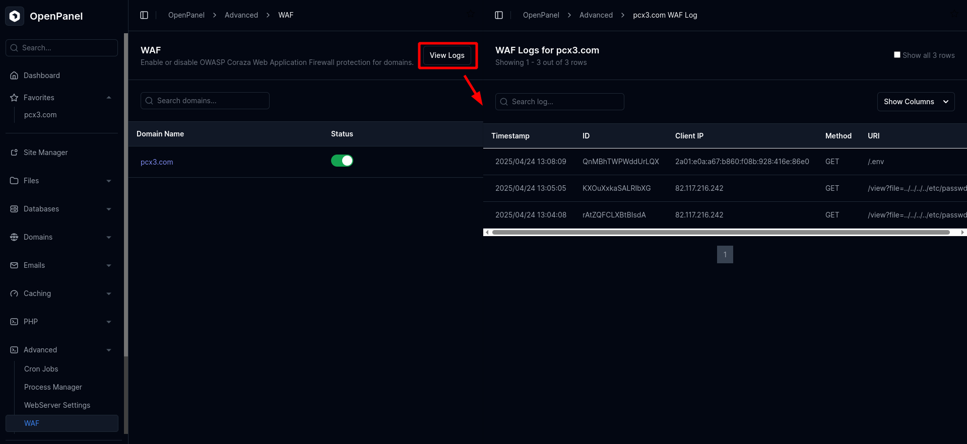 waf logs for domain