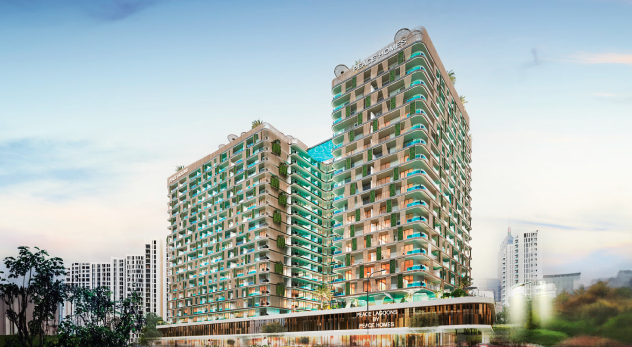 Exterior architectural rendering of Peace Lagoons in Dubai Land Residences Complex featuring modern lagoon-style residential towers and waterfront lifestyle amenities, showcasing a luxury apartment development opportunity presented as a Peace Lagoons Distress Deal in Dubai