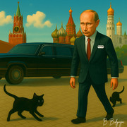 Putin surrounded by black cats that show no fear of him.