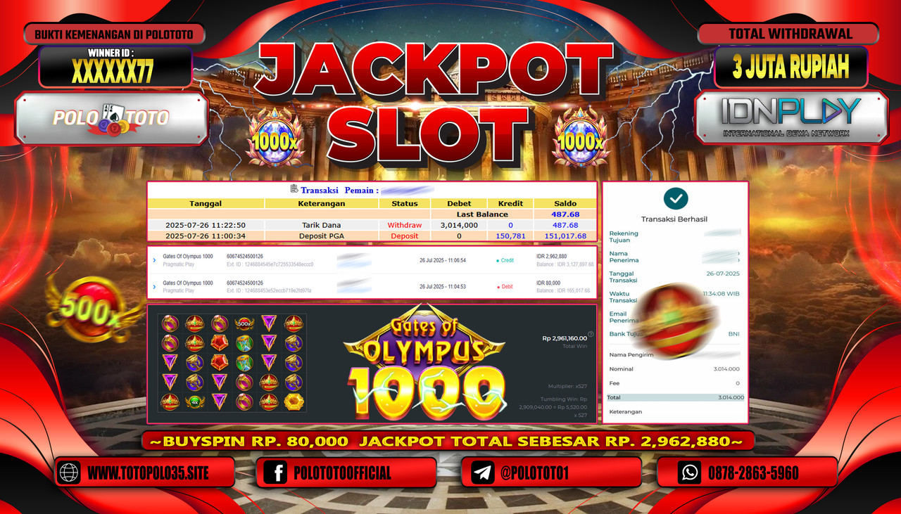 POLOTOTO JACKPOT SLOT GATES OF OLYMPUS 1000 Rp.3.000.000,-LUNAS