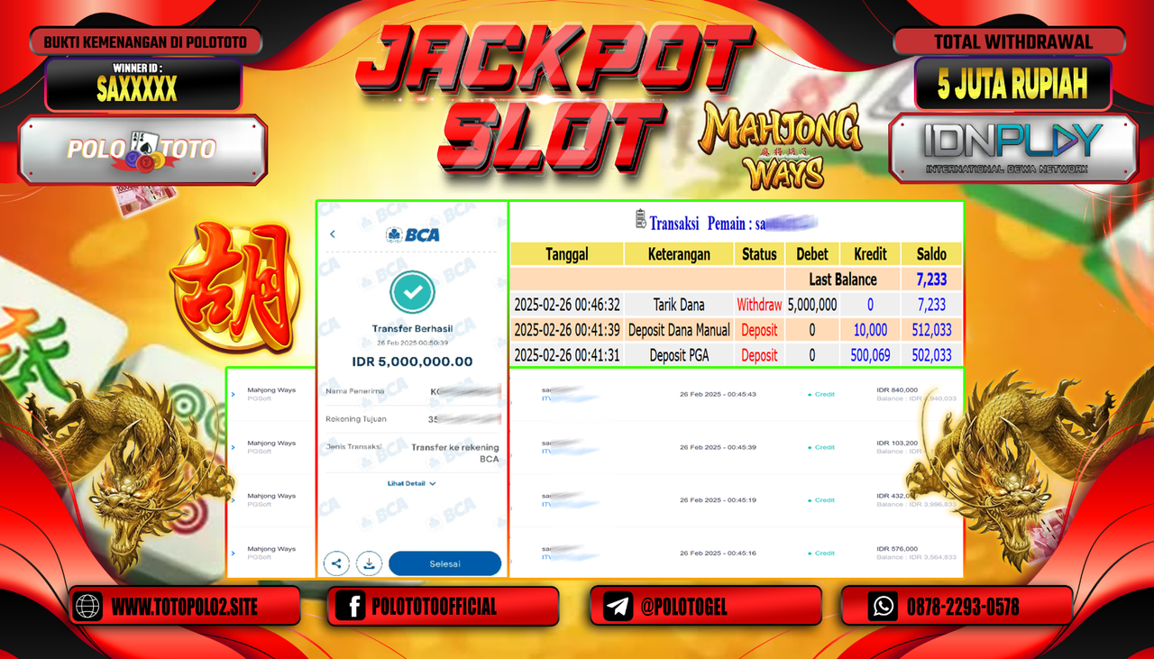 POLOTOTO JACKPOT SLOT MAHJONG WAYS Rp.5.000.000,-