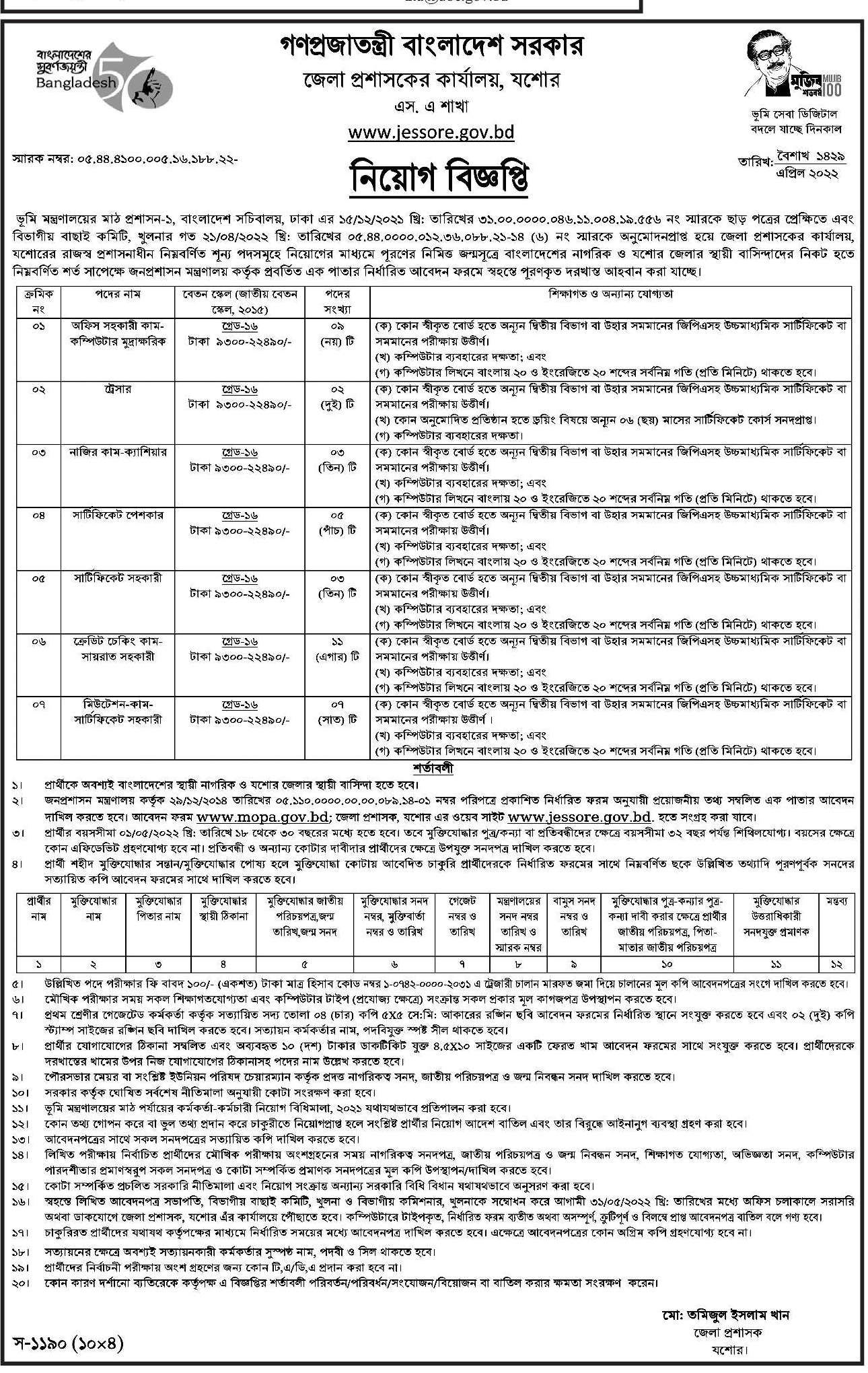 Jessore DC Office Job Circular 2022