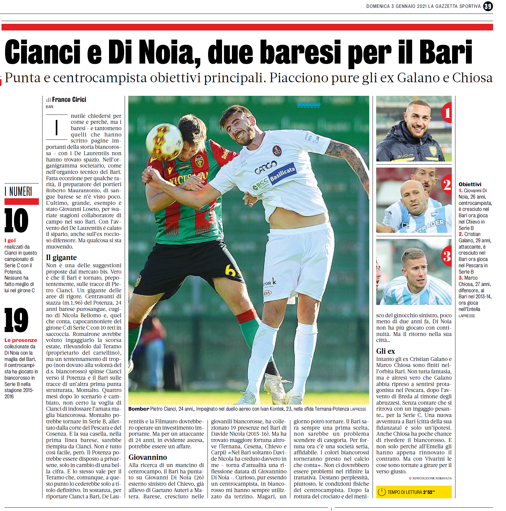 03/01/21-GdS - Cianci e Di Noia, due baresi per il Bari Gds