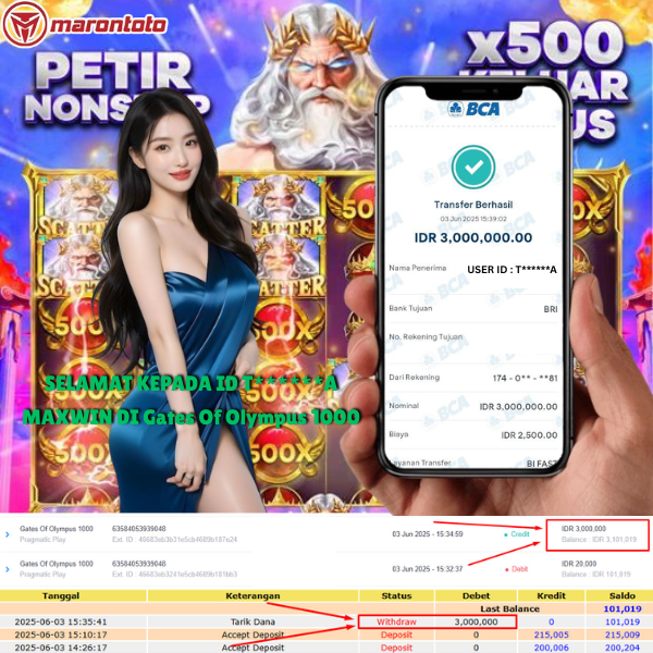Bukti Kemenangan Member Marontoto Sebesar 3,000,000 JuTa