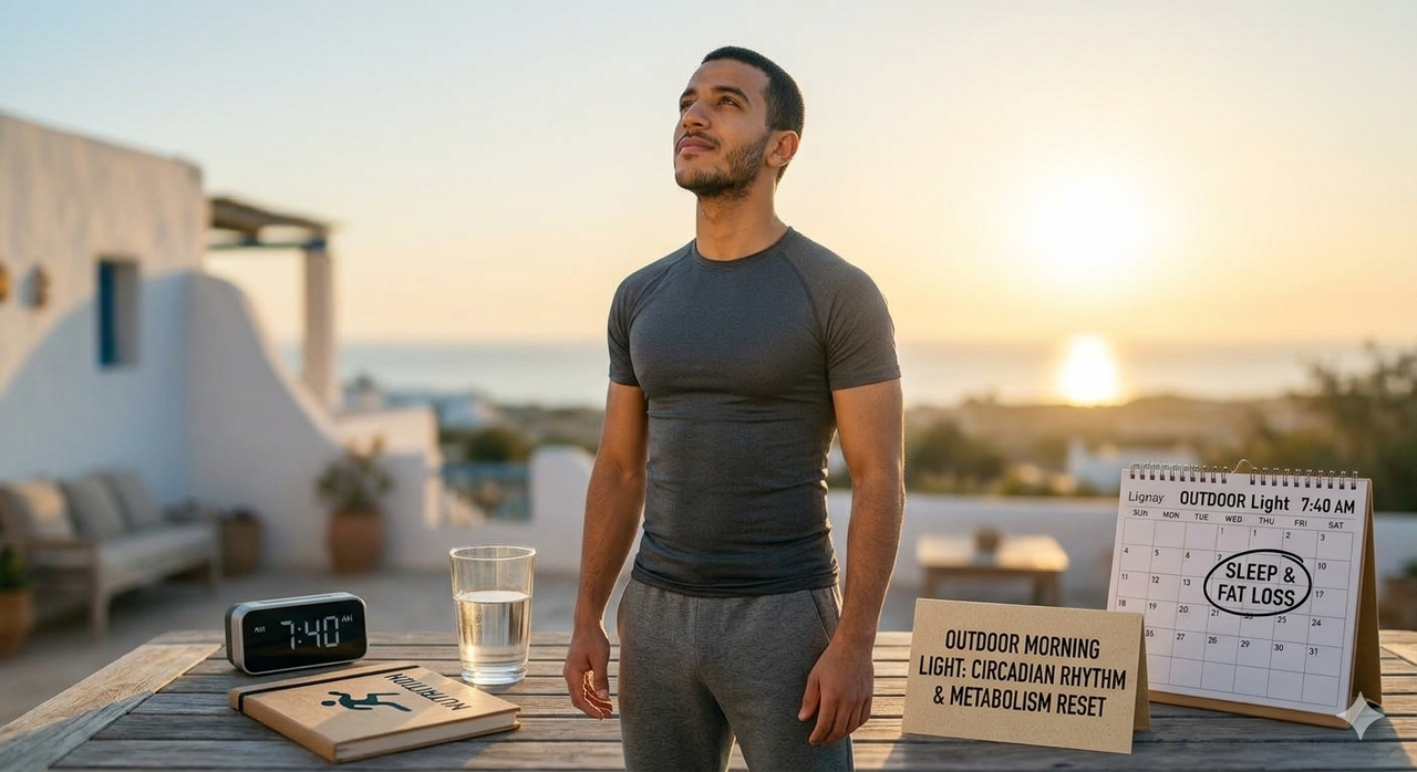Person viewing morning sunlight outdoors representing circadian rhythm regulation for better sleep and fat loss metabolism