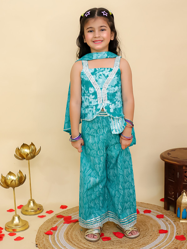 Kids Girls Party Wear Dress Floral Printed Girls Co-Ords Top Bottom Dupatta Set - Picture 4 of 18