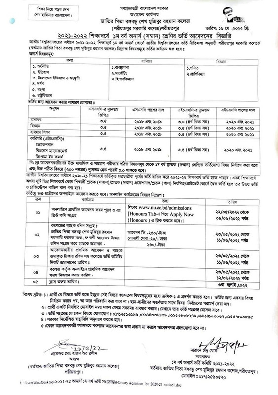 Shariatpur Govt College Admission Circular 2022 Result শরীয়তপুর সরকারি কলেজ ভর্তি