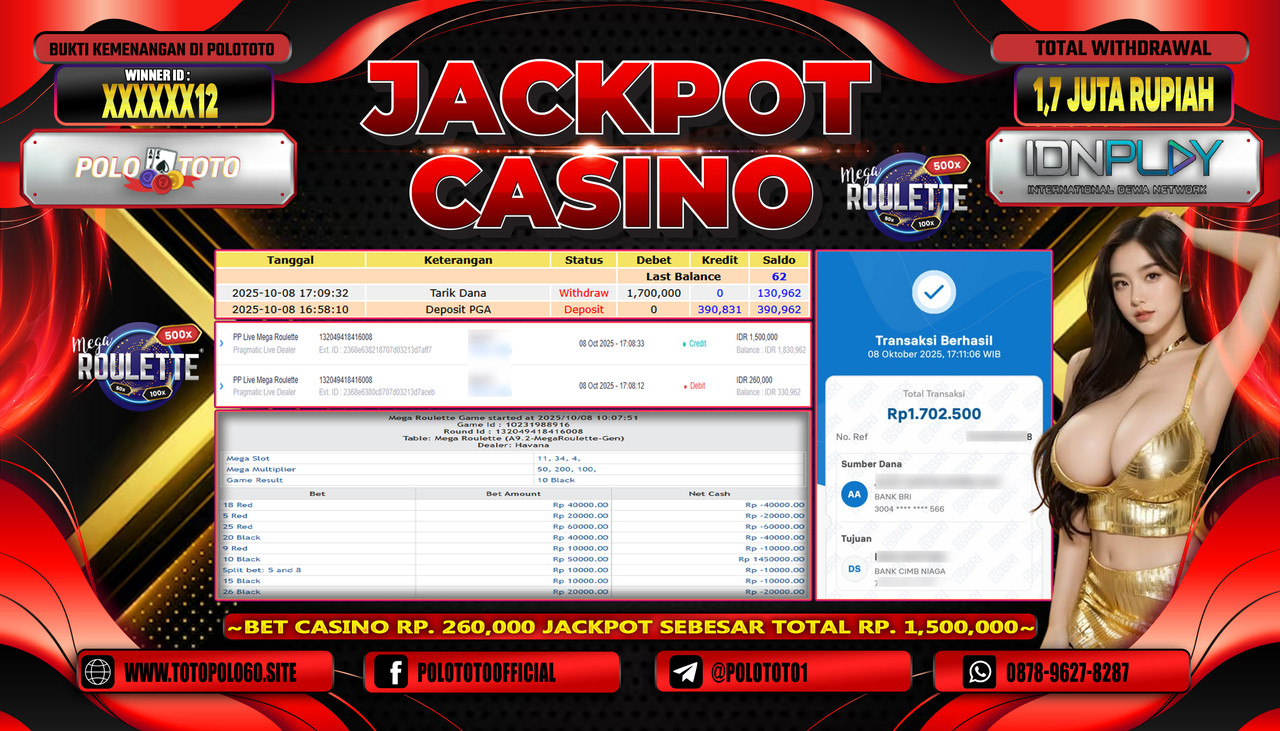 POLOTOTO JACKPOT CASINO PP LIVE MEGA ROULETTE Rp.1.700.000,- LUNAS