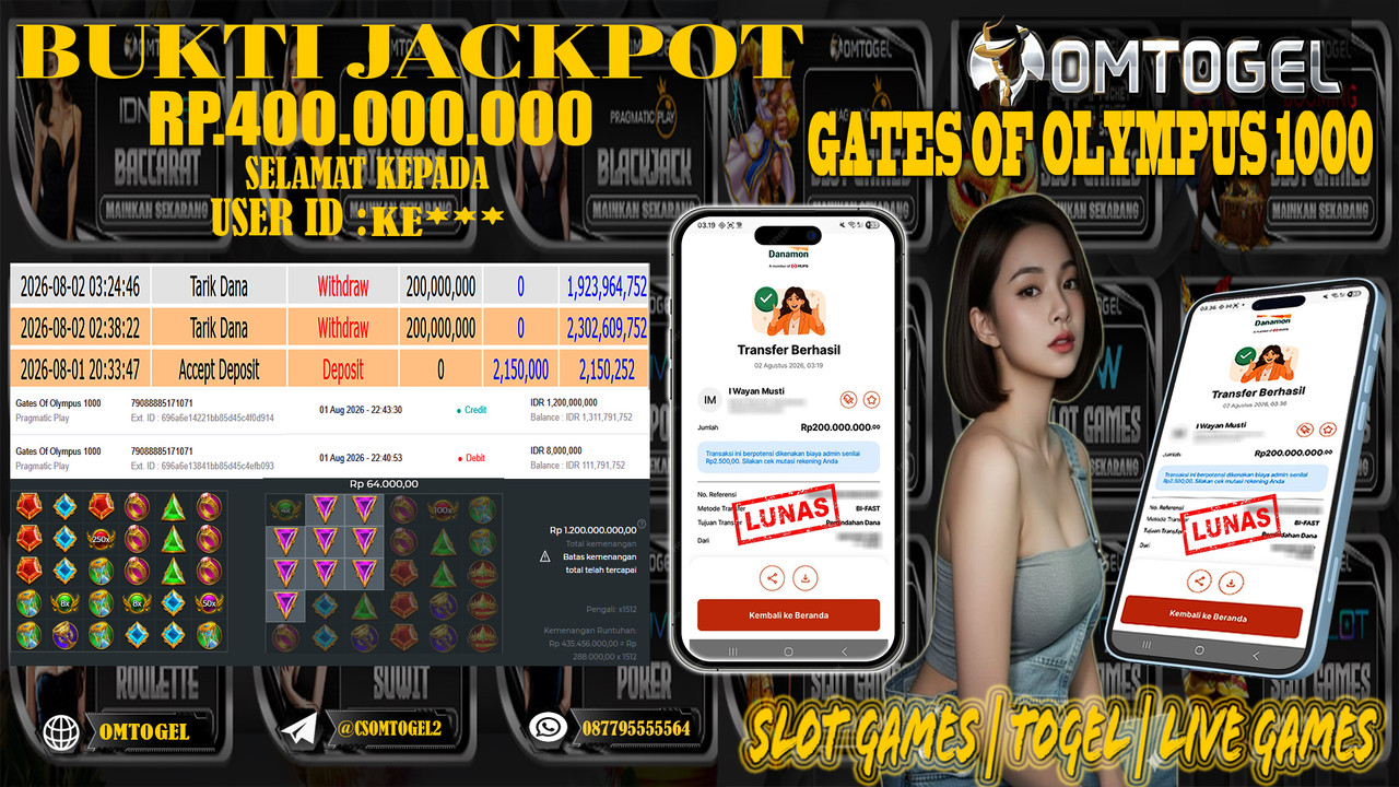 OMTOGEL JACKPOT PRAGMATICPLAY GATES OF OLYMPUS 1000  Rp,400,000,000,- DIBAYAR LUNAS