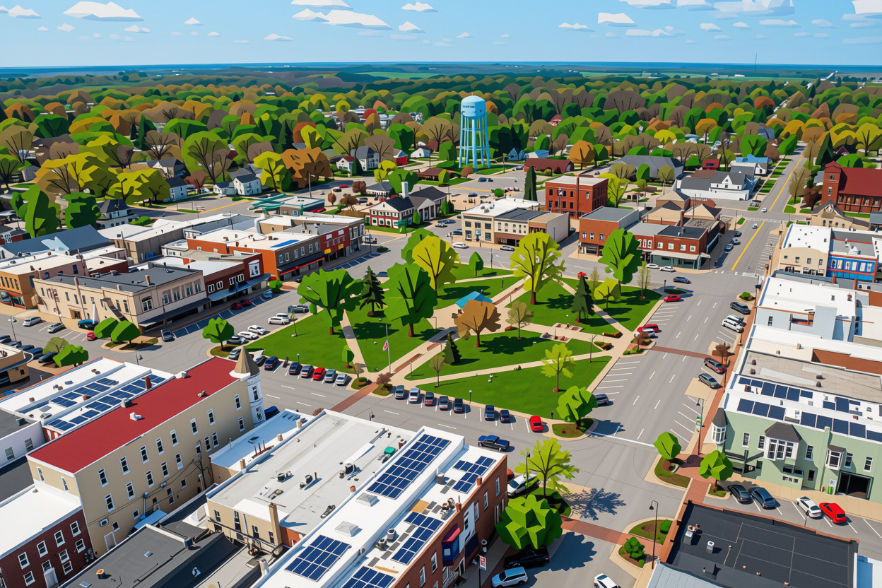 Aerial view of downtown Fairfield and Central Park Square