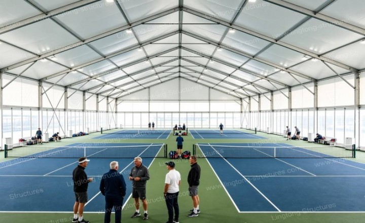 Completed pickleball court tent interior with clear PVC side walls and natural lighting