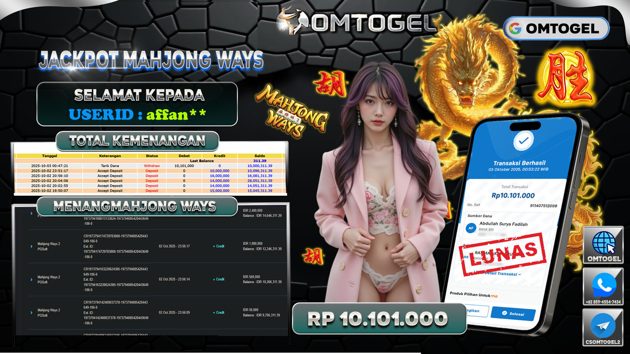 OMTOGEL JACKPOT PGSOFT MAHJONG WAYS 2 10 JUTA DI BAYAR LUNAS ,-