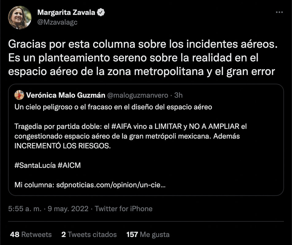 Margarita Zavala arremete contra el AIFA por riesgos que provoca en tráfico aéreo