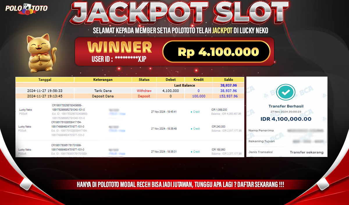 POLOTOTO JACKPOT SLOT LUCKY NEKO Rp.4,100000,-