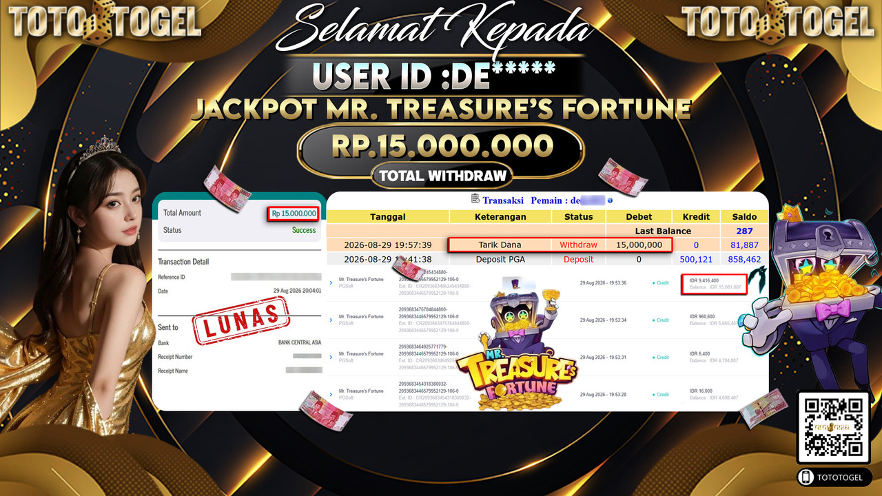Bukti Pembayaran Jackpot Slot Mr Treasures Fortune ID:DE*****LUNAS