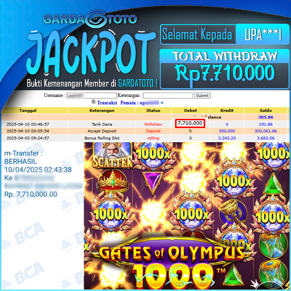 JACKPOT SLOT MAIN DI SLOT GATES OF OLYMPUS 1000 WD Rp 7.710.000,- DIBAYAR LUNAS GARDATOTO MANTAP !
