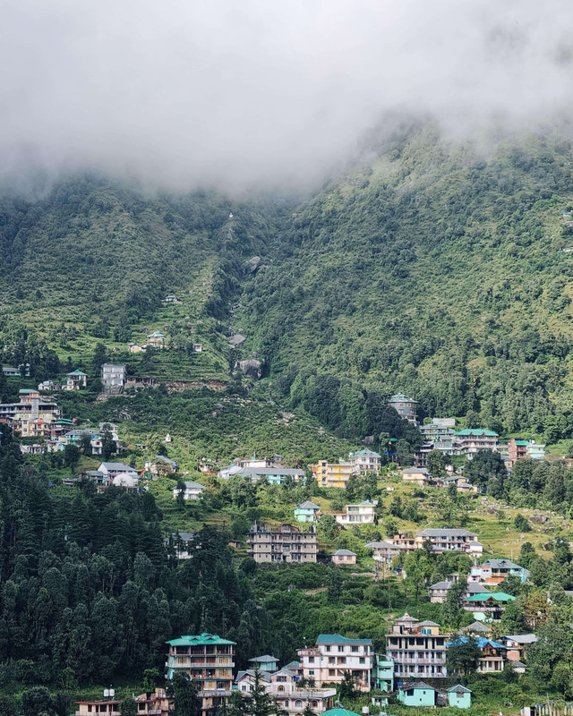 Aerial view of a cloud-ladden Dharamkot village