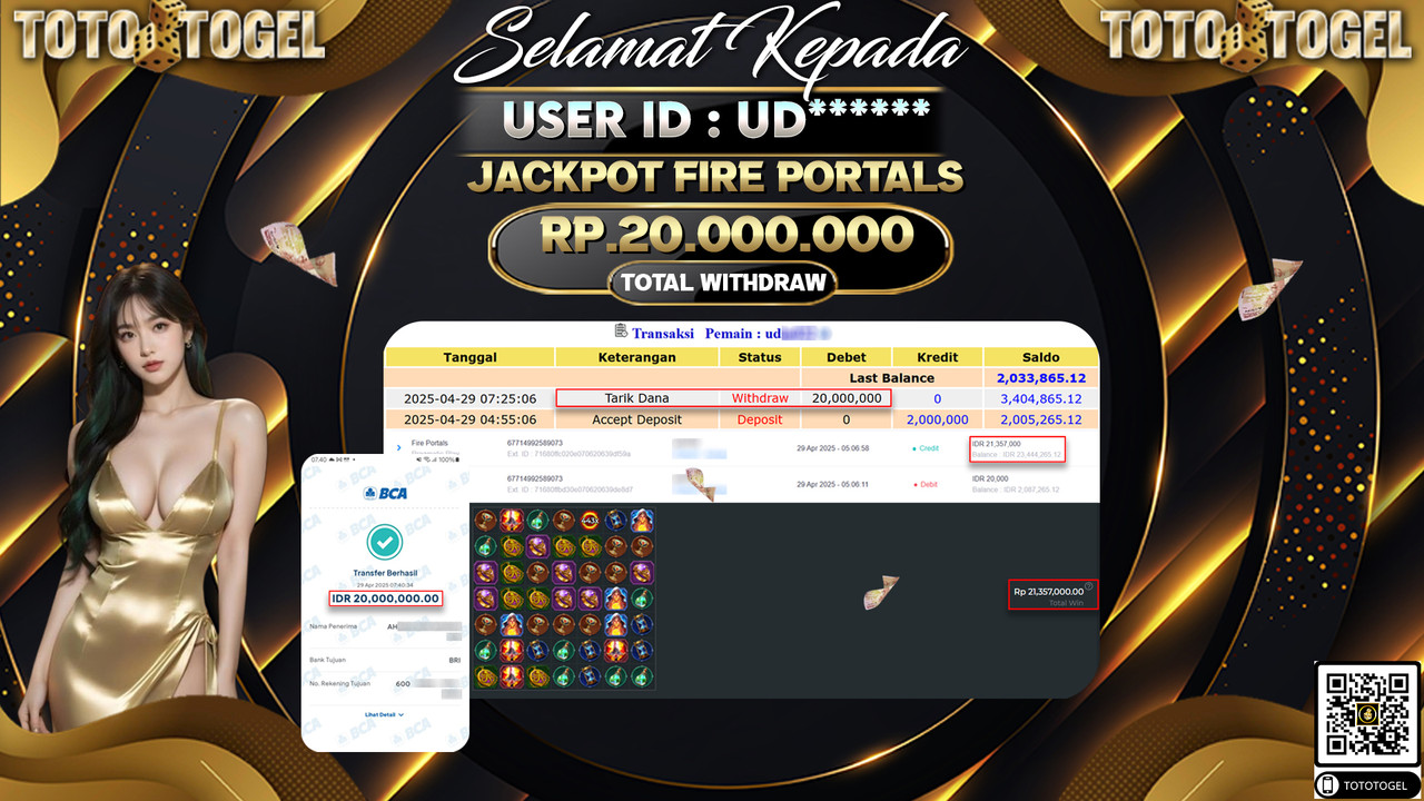 Bukti Pembayaran Jackpot  Permainan Slot Fire Portals ID:UD***** LUNAS