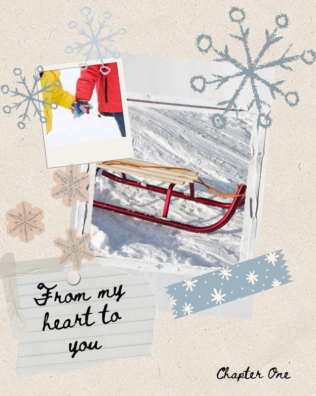 picture of an abandoned sled in the snow, and another of two children holding hands with gloves and coats on