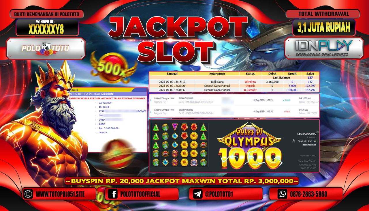 POLOTOTO JACKPOT SLOT GATES OF OLYMPUS 1000 Rp.3.100.000,- LUNAS