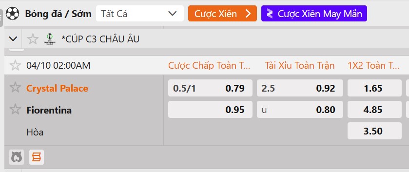 Tỷ lệ kèo Crystal Palace vs Fiorentina