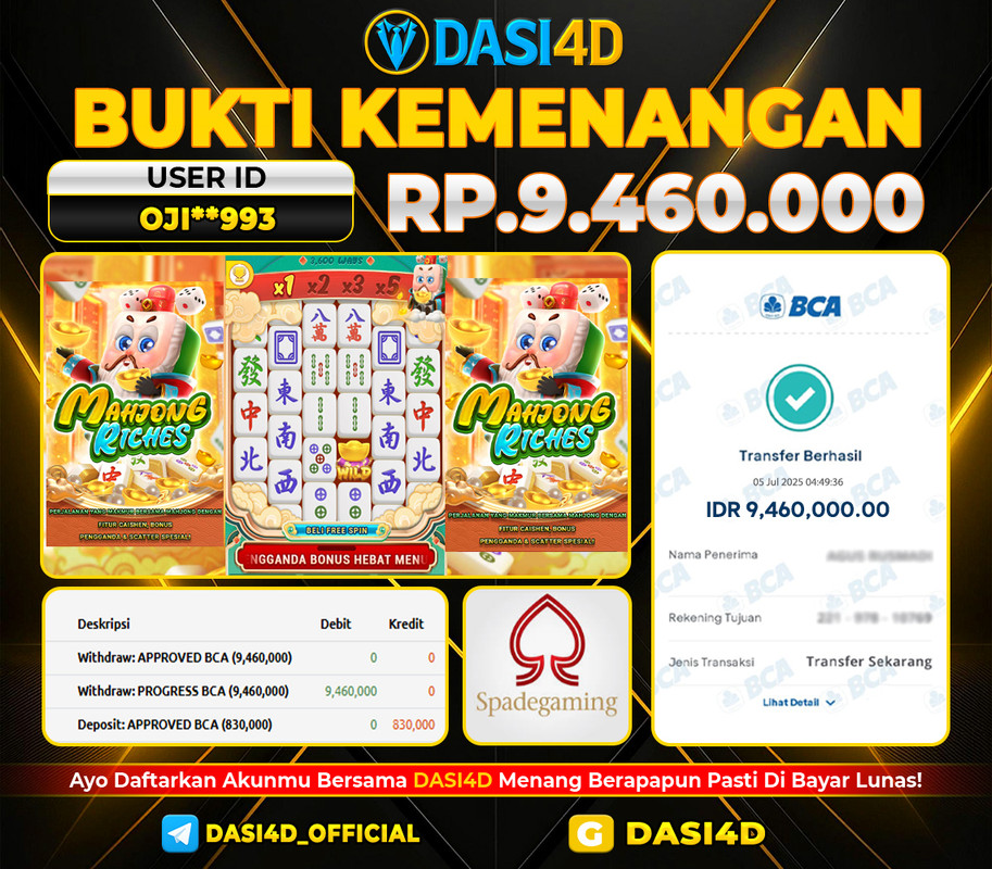 BUKTI KEMENANGAN 05 JULI 2025 DI MAHJONG RICHES RP 9.460.000