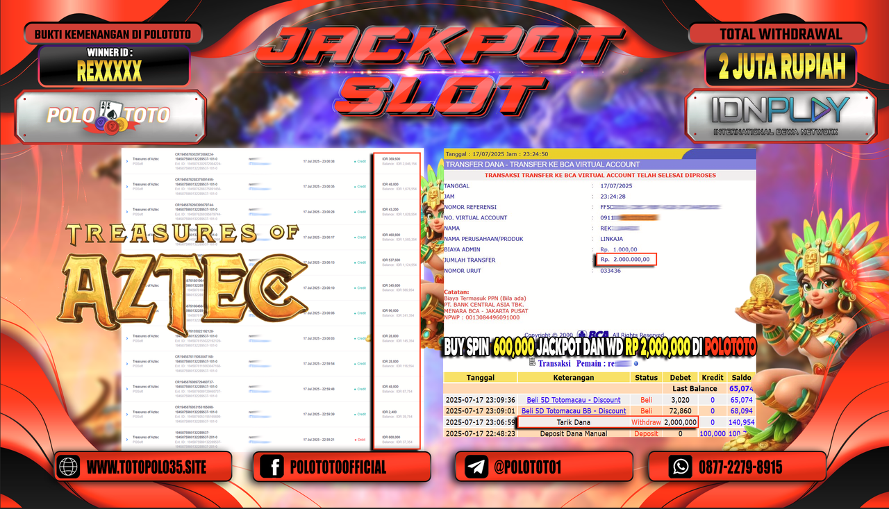 POLOTOTO JACKPOT SLOT TREASURES OF AZTEC Rp.2.000.000,- LUNAS