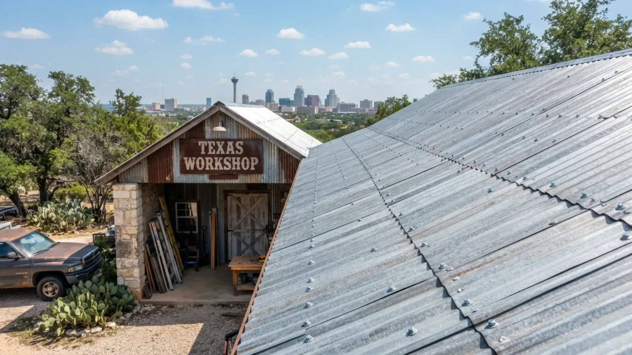 Exposed fastener corrugated metal roof panel on a San Antonio workshop