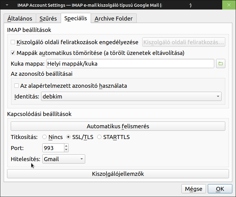  Speciális > Kapcsolódási beállítások > Hitelesítés | A jelenleg érvényes Gmail beállítást...