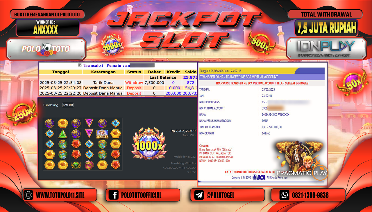 POLOTOTO JACKPOT SLOT GATES OF OLYMPUS 1000 Rp.7.500.000,- LUNAS