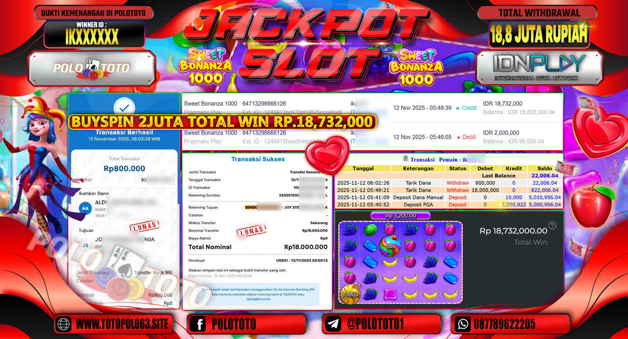 POLOTOTO JACKPOT SLOT SWEET BONANZA 1000 Rp.18.800.000,- LUNAS