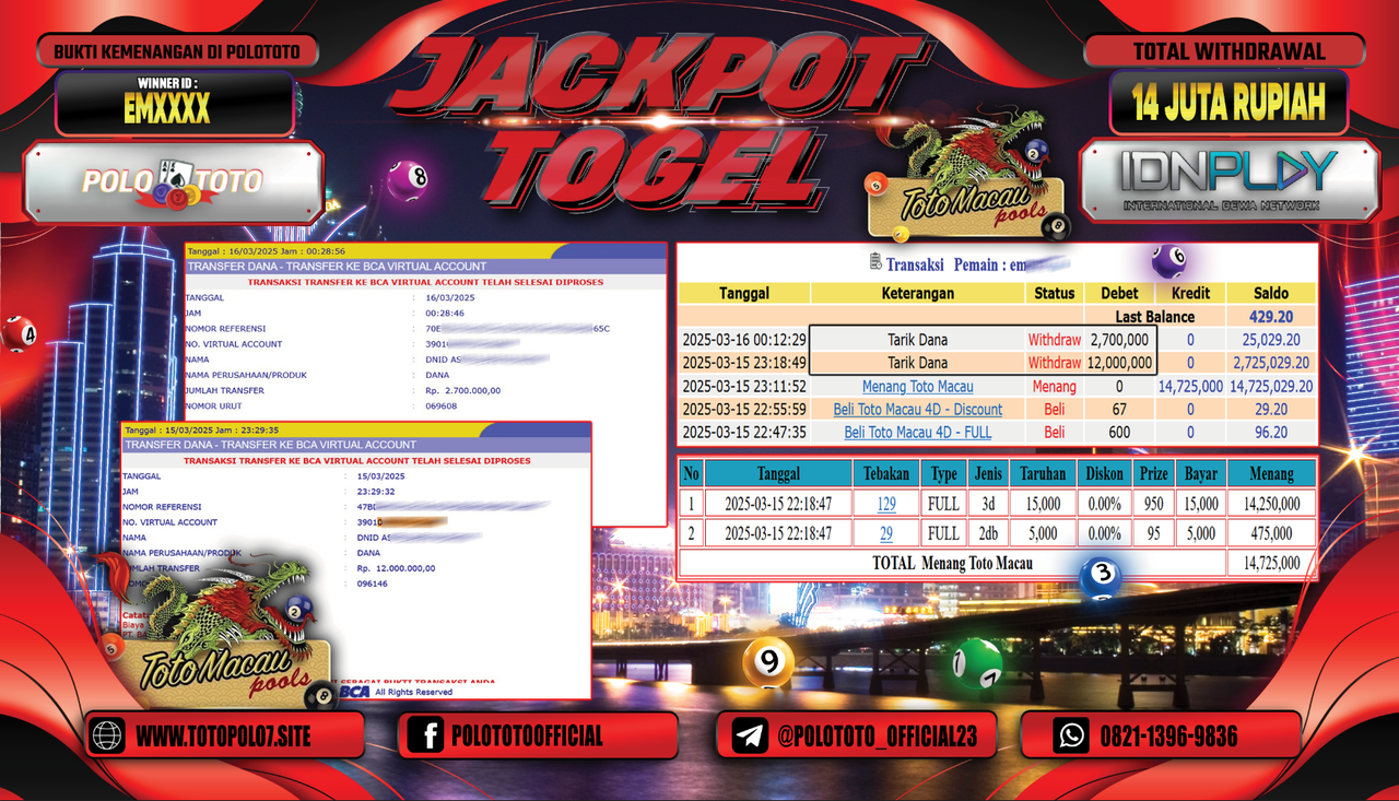 POLOTOTO JACKPOT TOGEL TOTO MACAU Rp.14.700.000,-