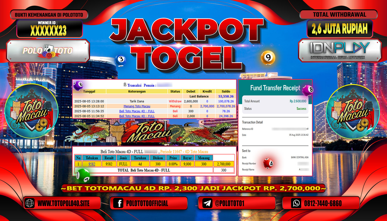 POLOTOTO JACKPOT TOGEL TOTO MACAU Rp.2.600.000,-LUNAS