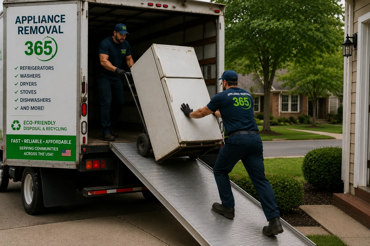 Appliance removal team hauling an old fridge from a residential cleanout in the United States