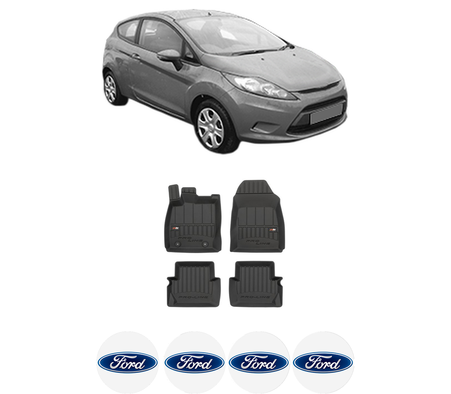 Set covorase presuri FORD FIESTA VI (CB1, CCN) din 2008-2018, auto, din cauciuc thermoplastic, 4 Stickere auto cu FORD