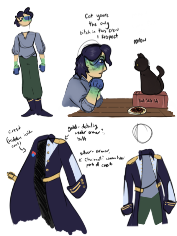 some doodles elaborating on how Aarons coat looks, and one of them talking to a cat
