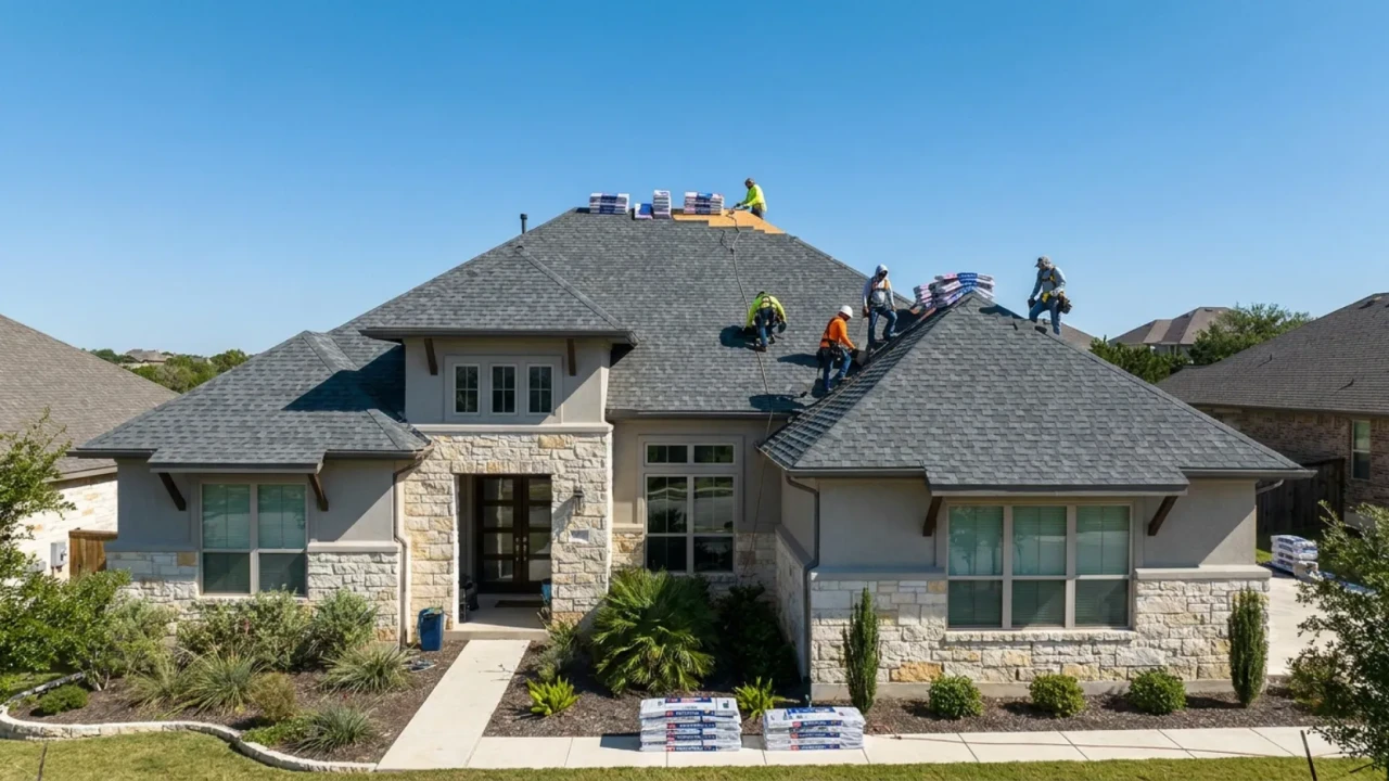 New architectural shingles being installed on a San Antonio TX home