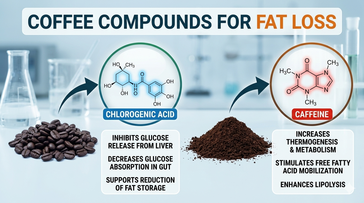 Coffee beans and ground coffee with chemical compounds highlighted, caffeine and chlorogenic acid structure for fat loss and metabolism