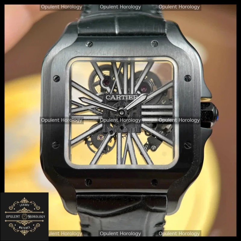 Cartier Santos Skeleton Watch 39.8mm | Black Leather Strap - Super Clone