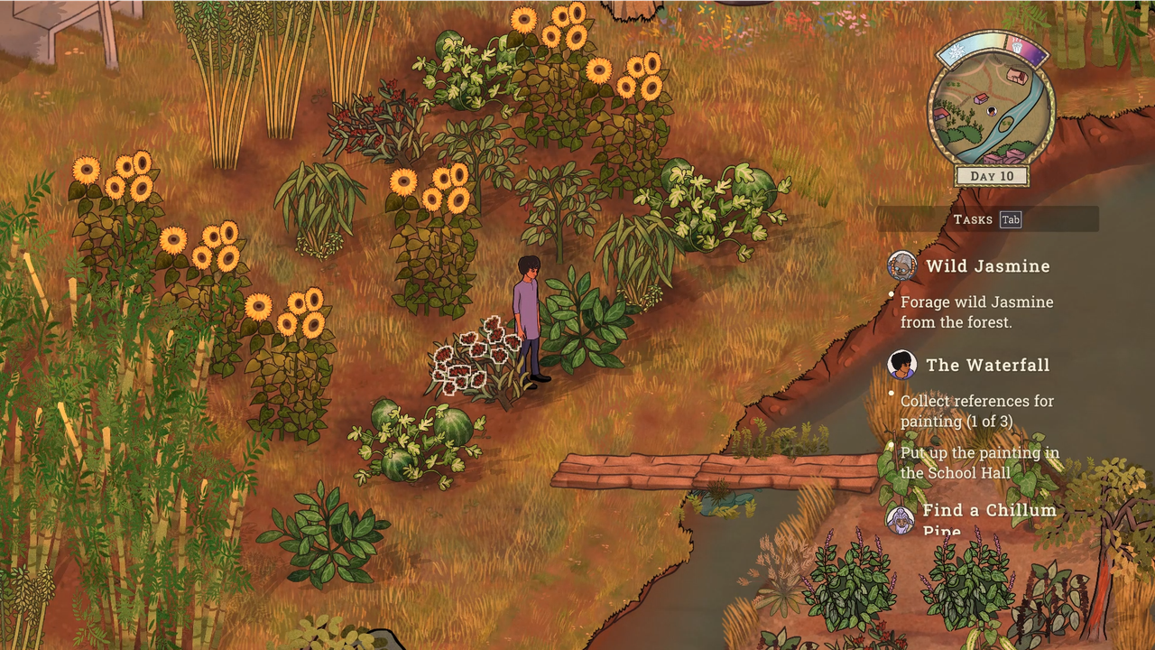 Gameplay screenshot showing tasks on the right and Vir in his garden