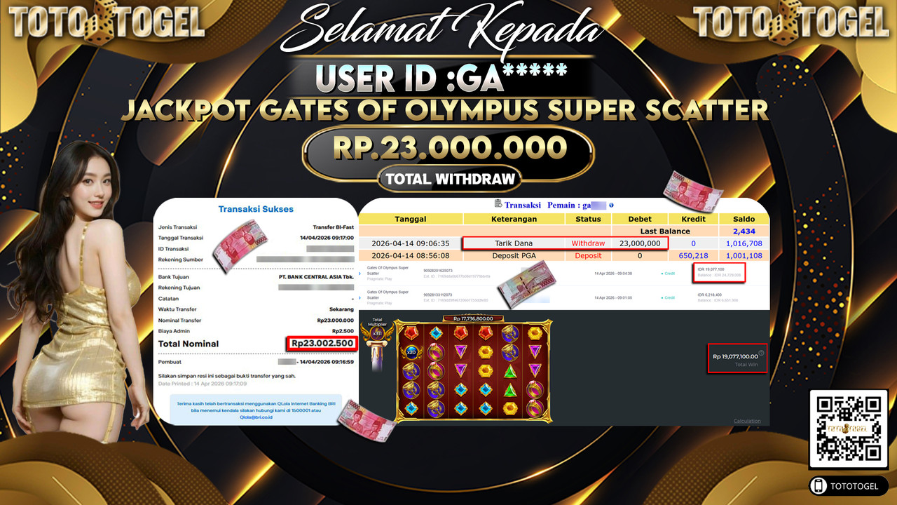 Bukti Pembayaran Jackpot Permainan Slot Gates Of Olympus Super Scatter ID:GA*****LUNAS