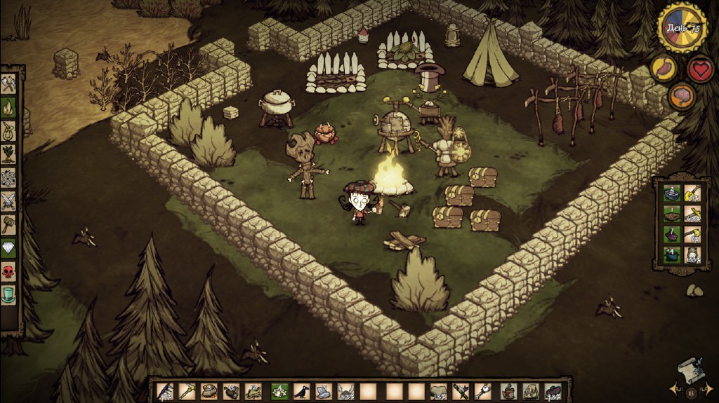 Группа персонажей сражается с гигантским боссом в Don't Starve Together
